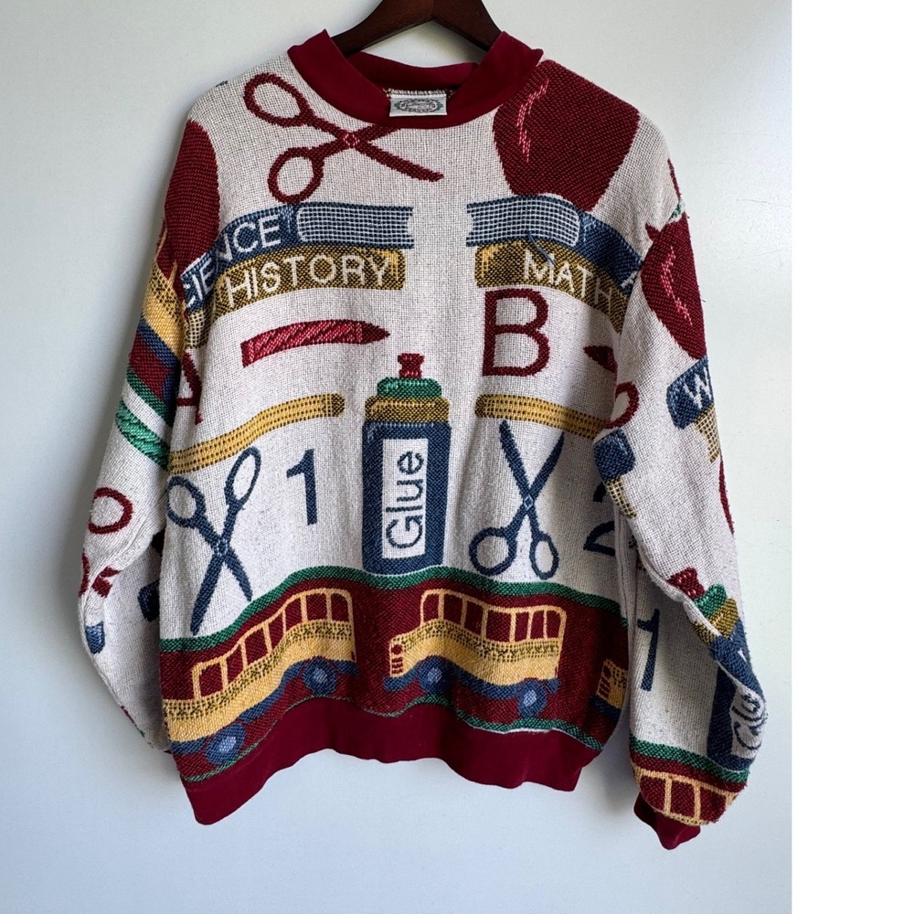 Vintage Schoolhouse Tapestry Knit Sweater Teacher Apples Books Bus One Size